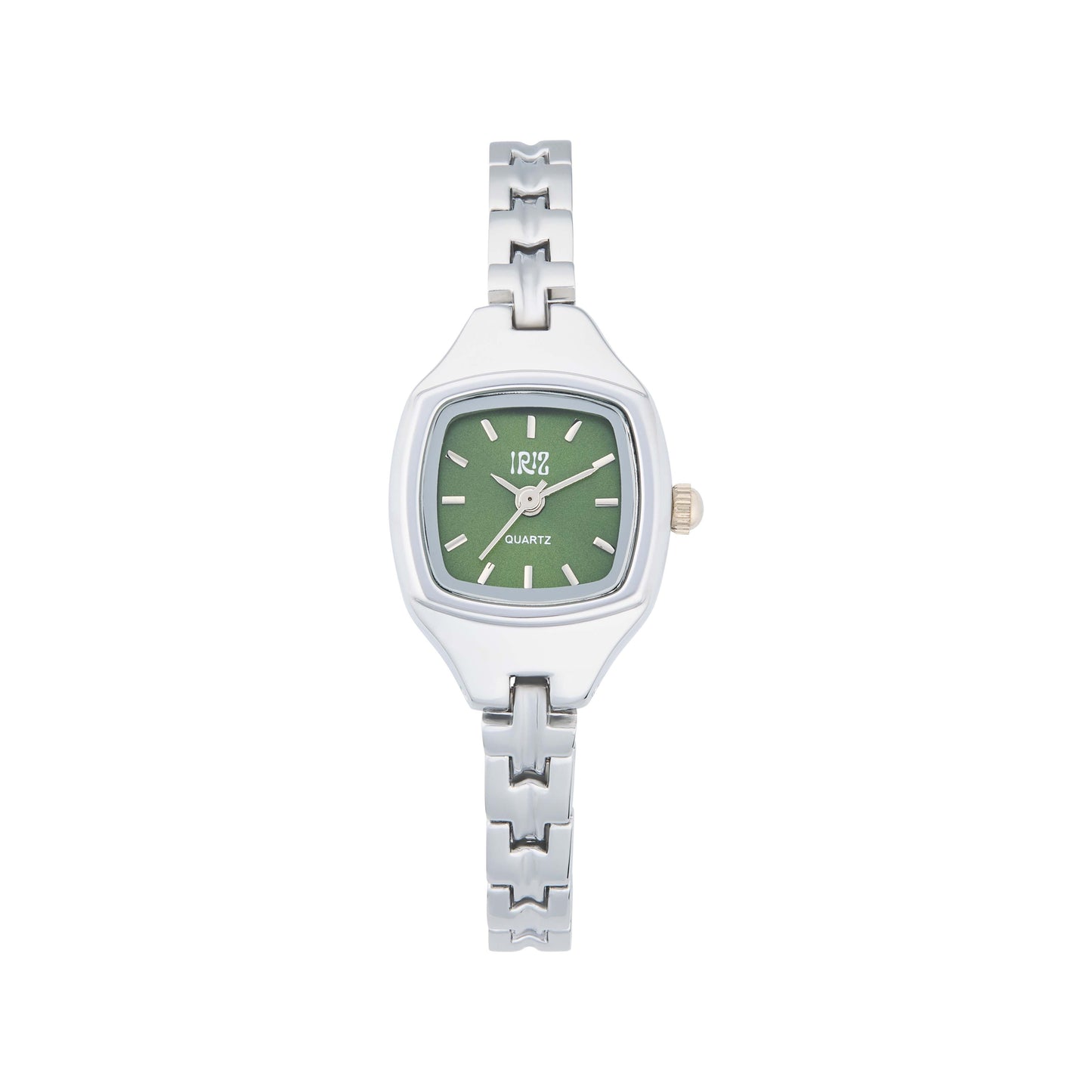 Wristwatch with square green face, silver dial and silver band against a white background