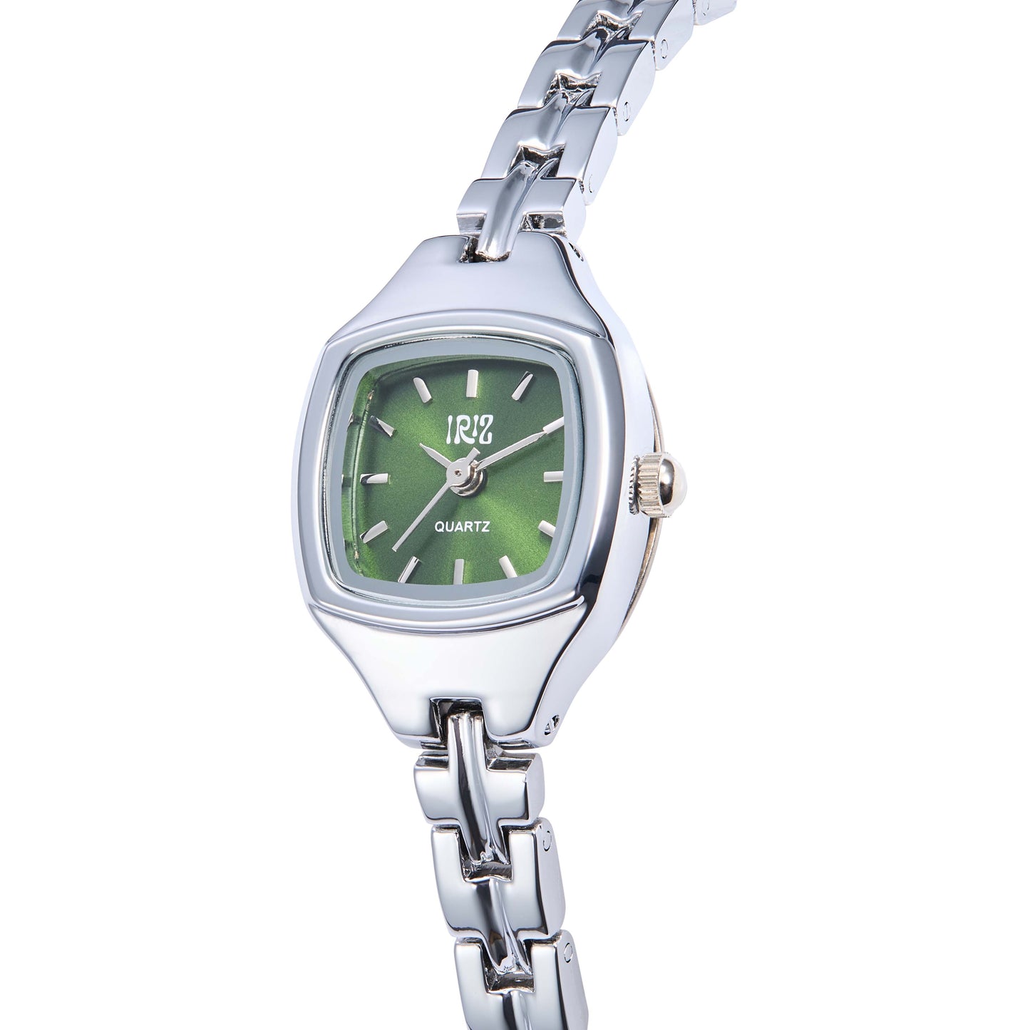 Closeup of a silver watch with a square green face on a white background