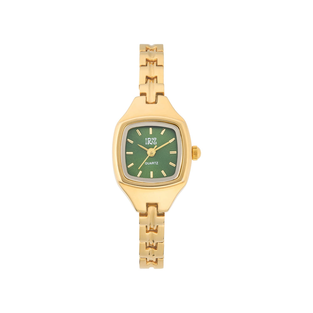 Gold watch with a green face on a white background