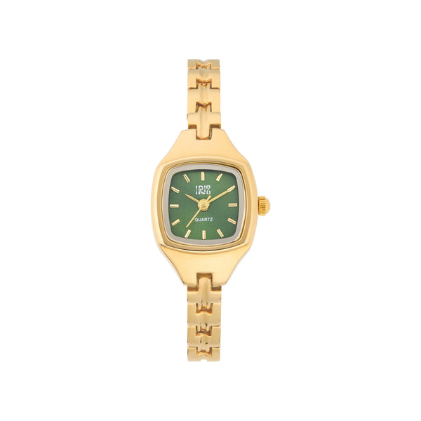 Gold watch with a green face on a white background