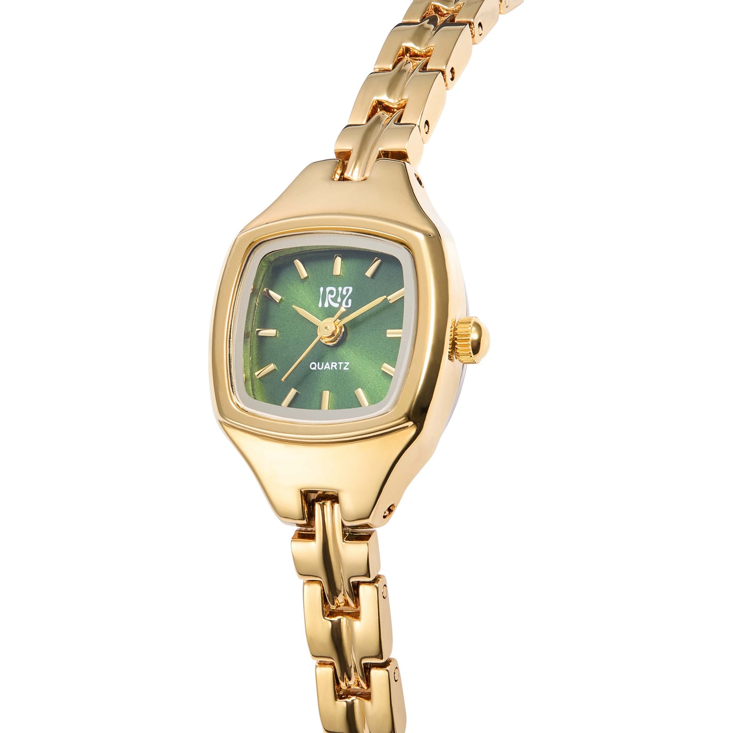 Gold square-ish wristwatch with a green face on a white background