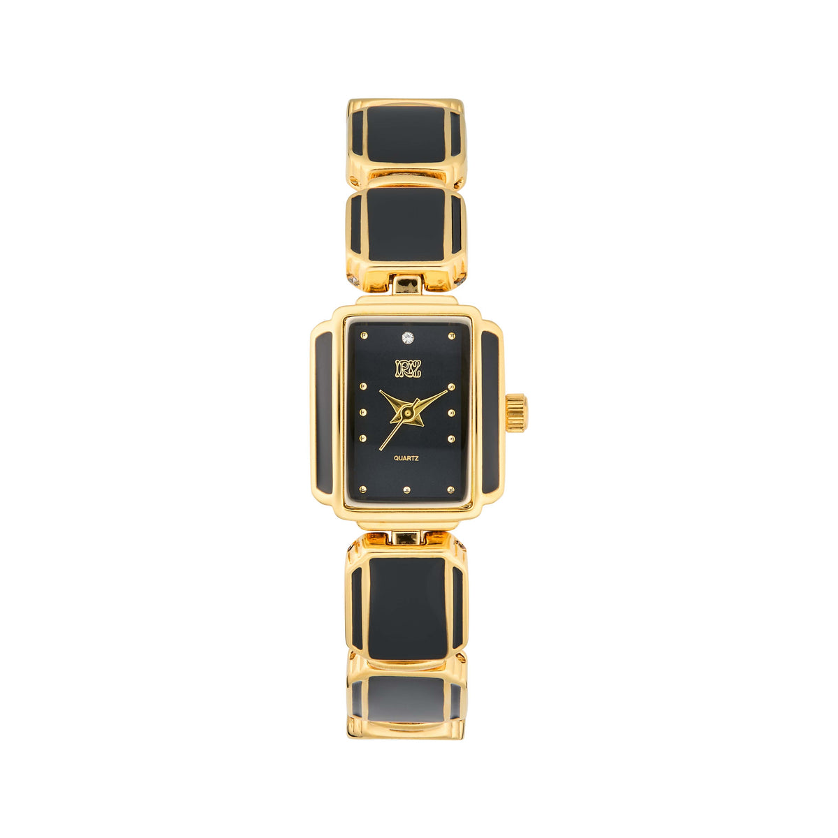 Gold and black rectangular watch on a white background
