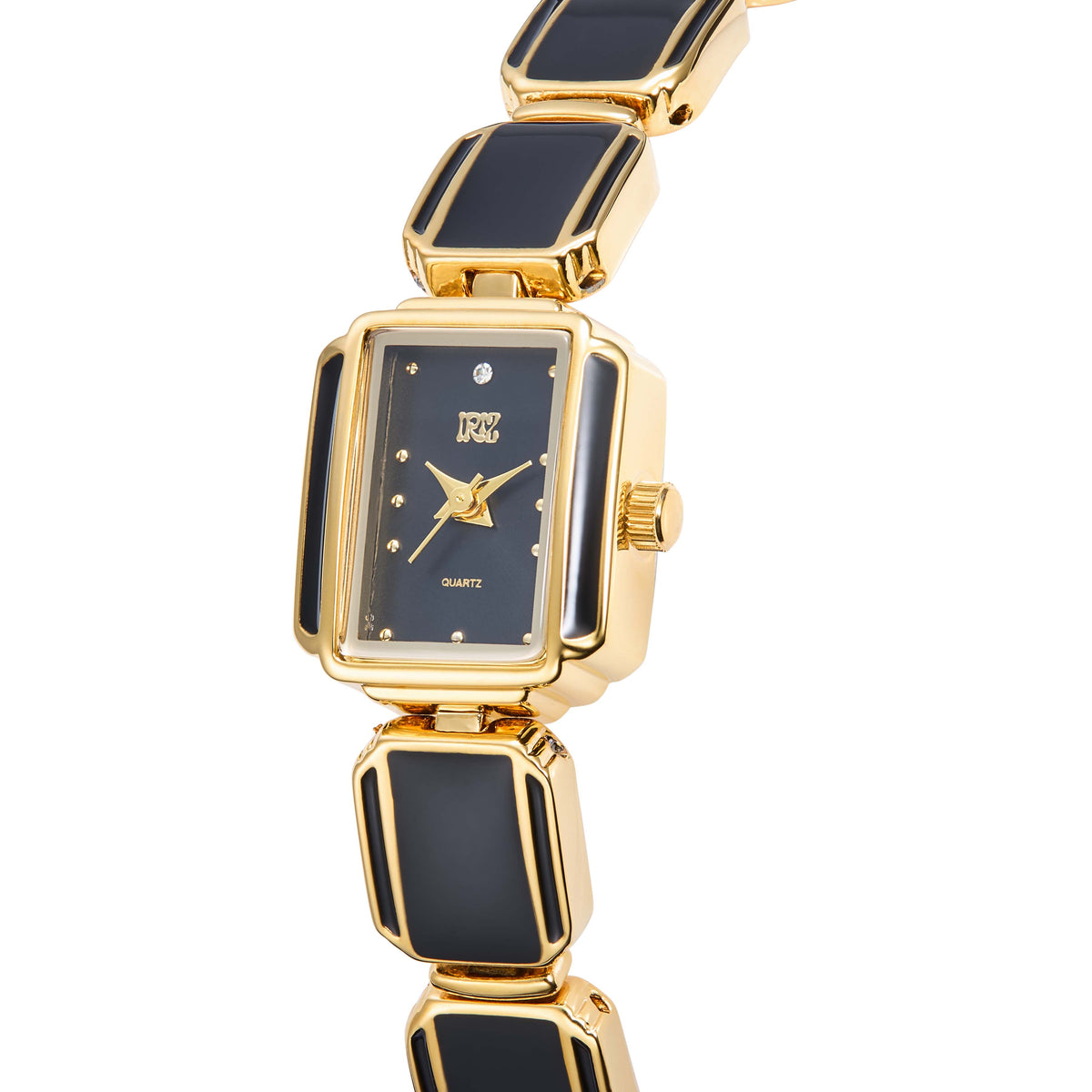Gold and black watch with a white background