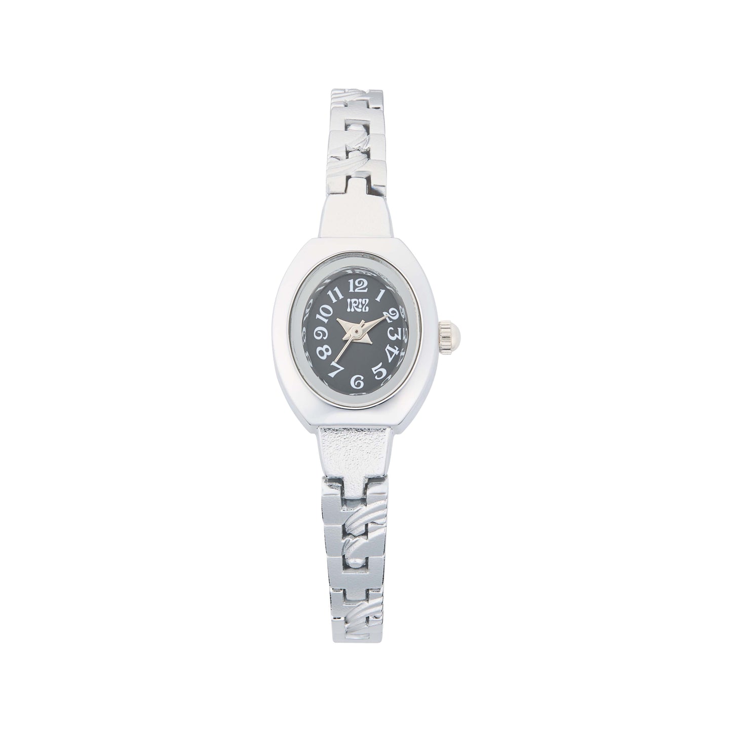 Silver watch with a black oval face on a white background
