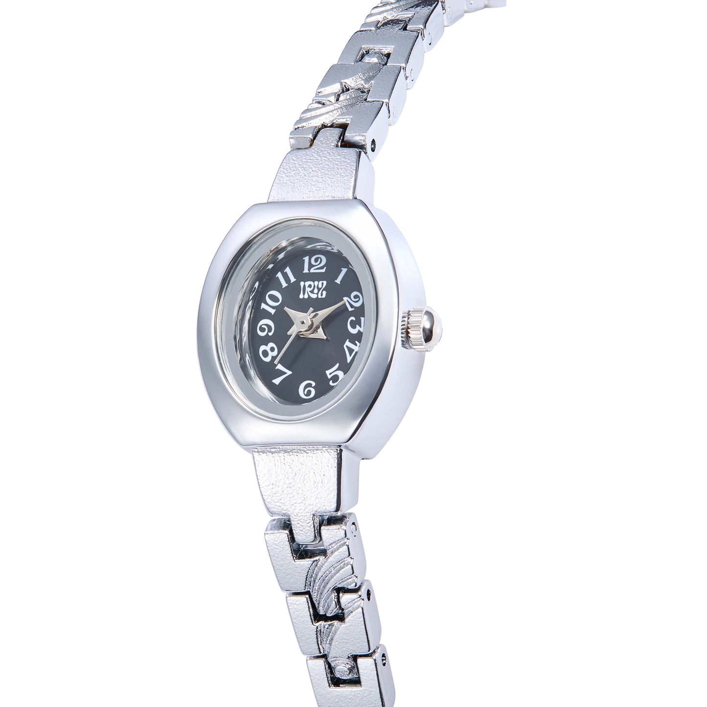 Silver watch with black oval face on a white background