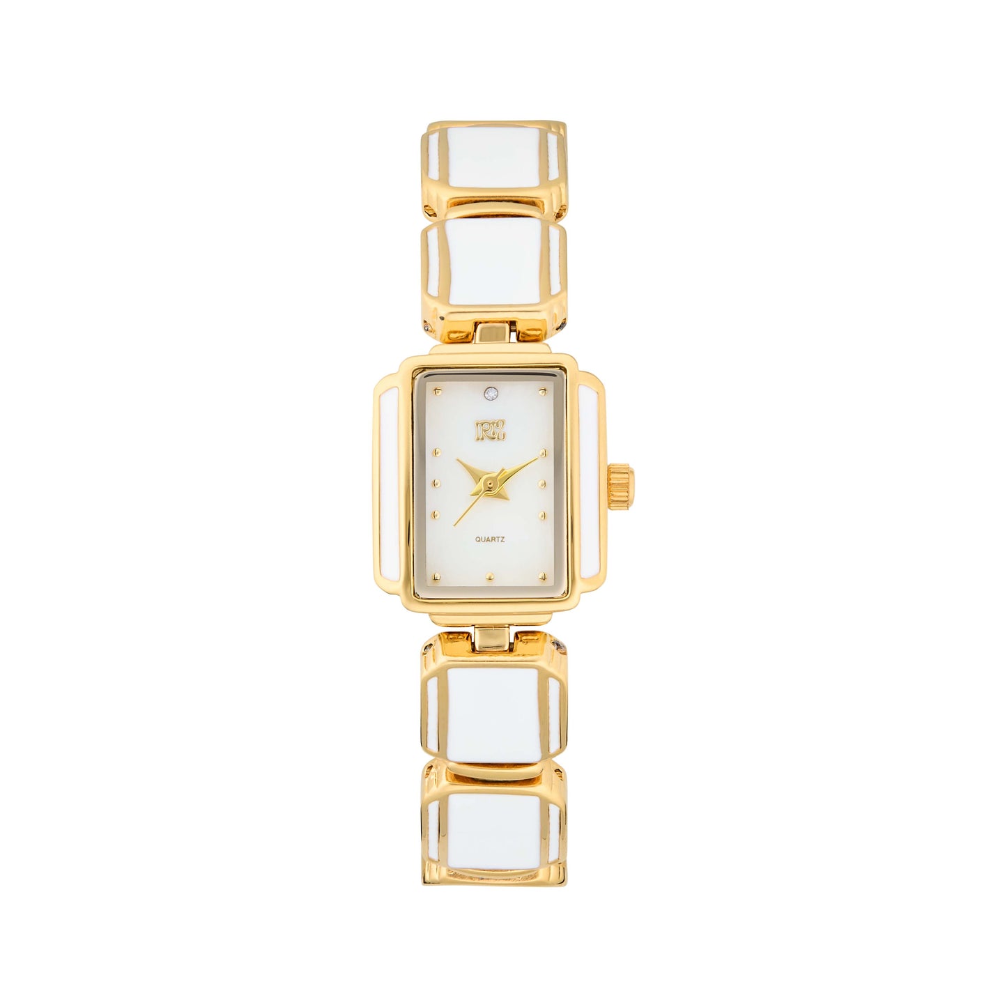 Gold watch with a white face and white paneled band against a white background