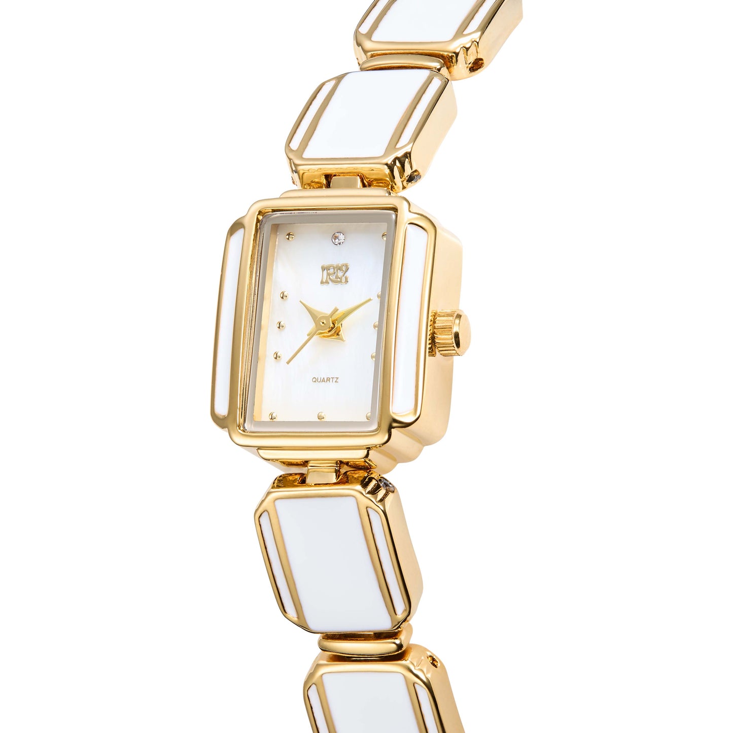 Gold watch with white face and paneled strap on a white background