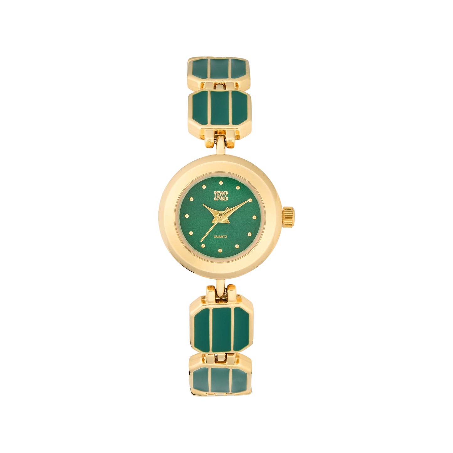 Gold and green round faced watch with gold and green bracelet against a white background