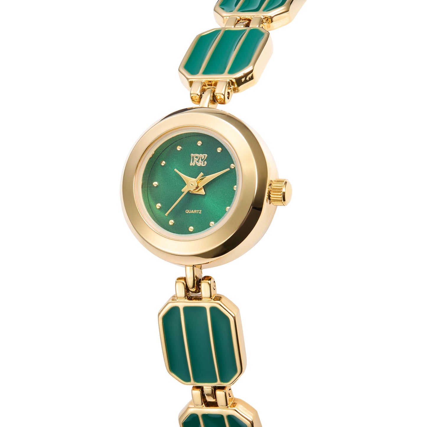 Closeup of gold and green round-faced watch against a white background
