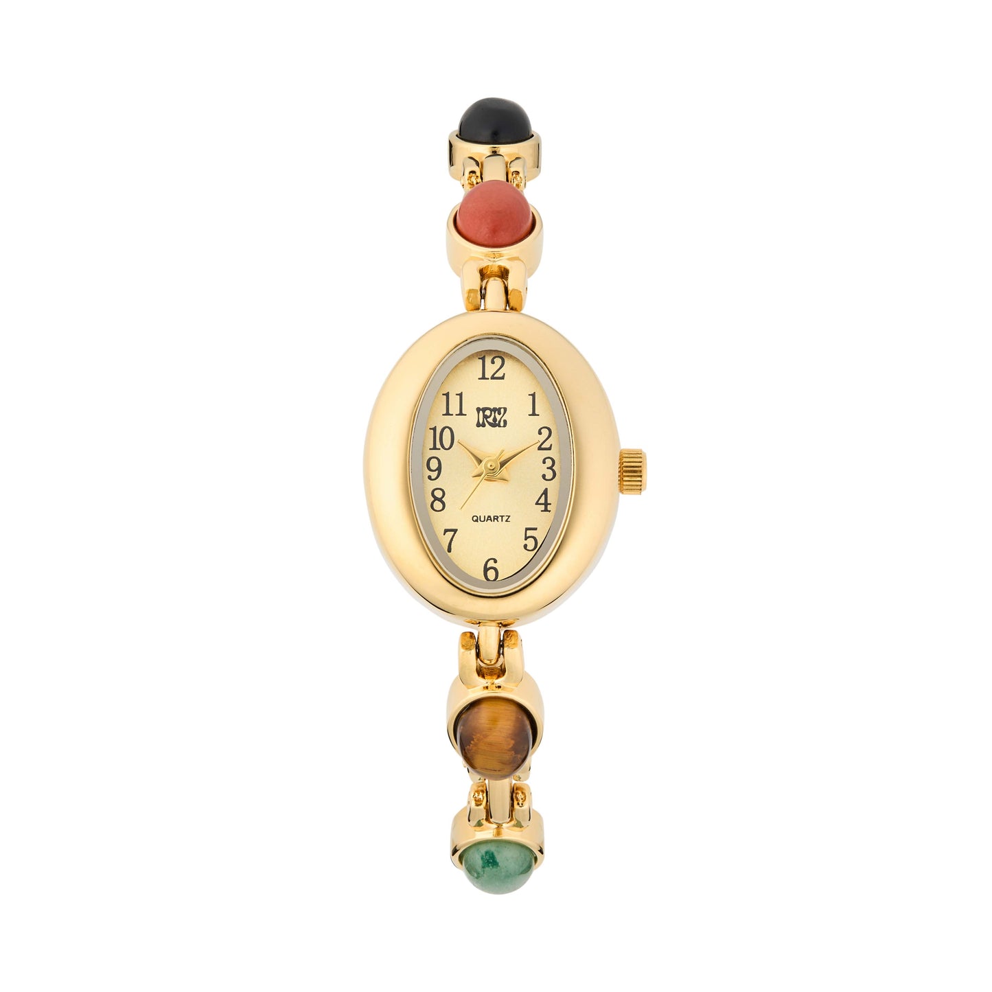 Gold watch with colored gemstone accents in band on a white background