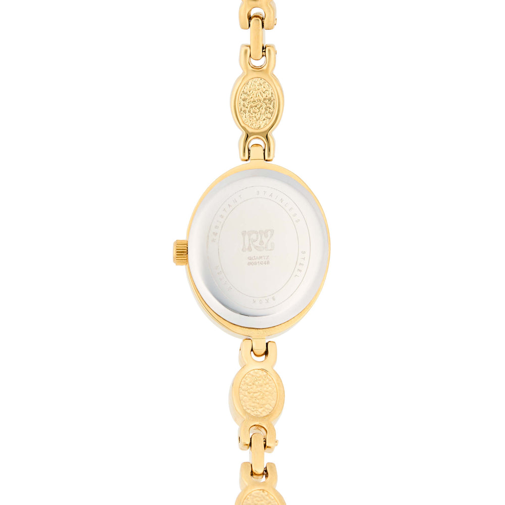 Back of gold watch with multi colored gemstone band