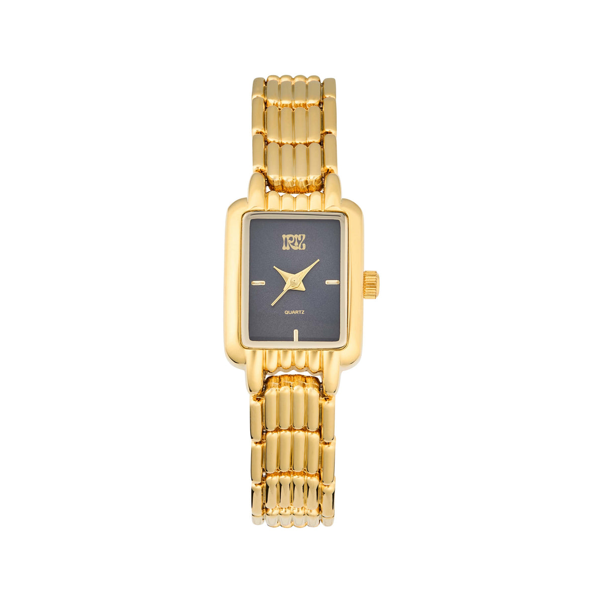 Gold watch with a black square face on a white background