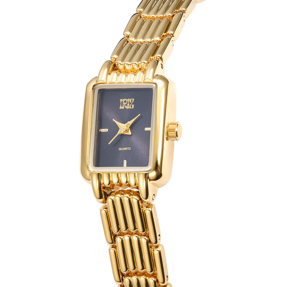 Gold wristwatch with a black rectangular face on a white background
