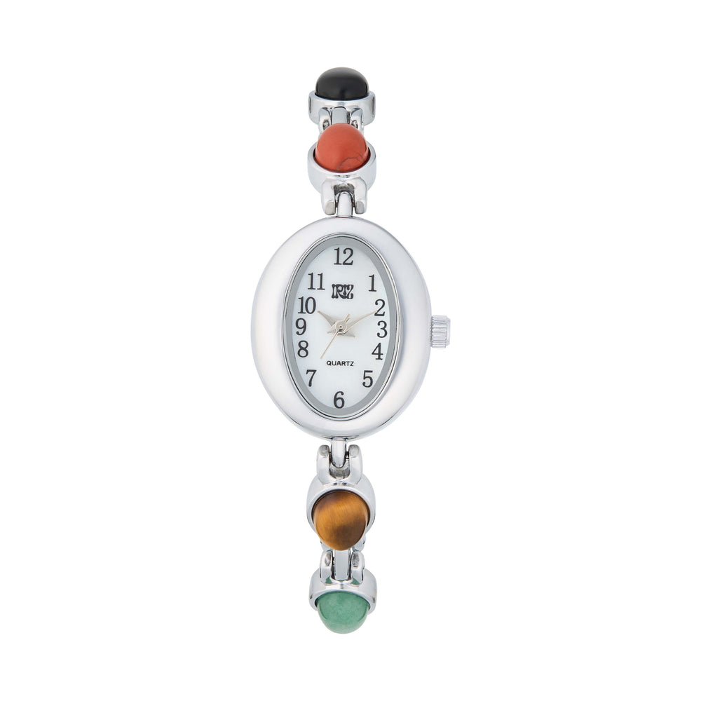 Silver watch with colorful gemstones on band against a white background