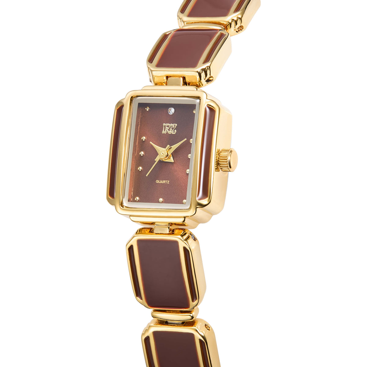 Gold watch with brown rectangular face on a white background