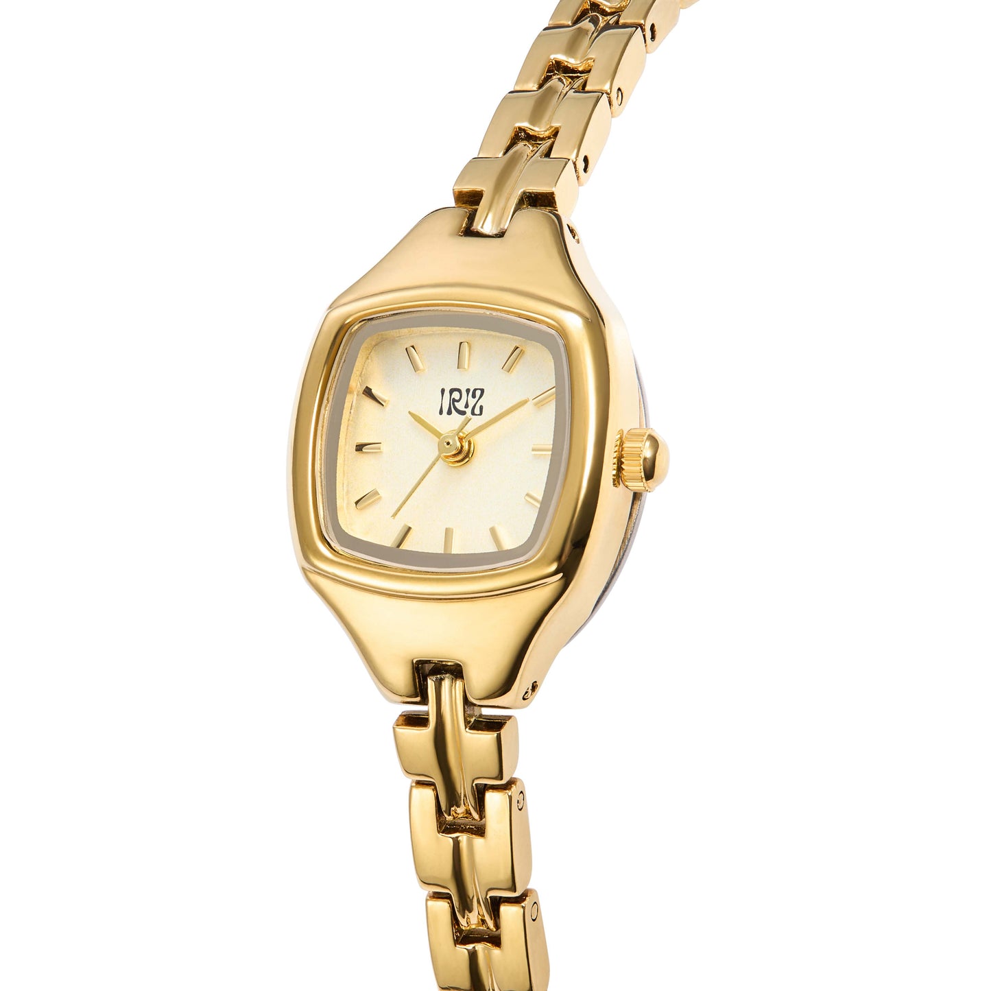 Gold wristwatch with a white face on a white background