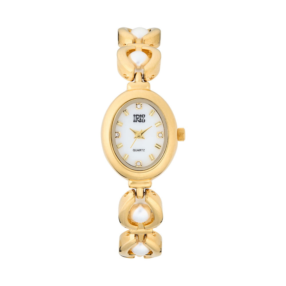 Gold wristwatch with a white face on a white background