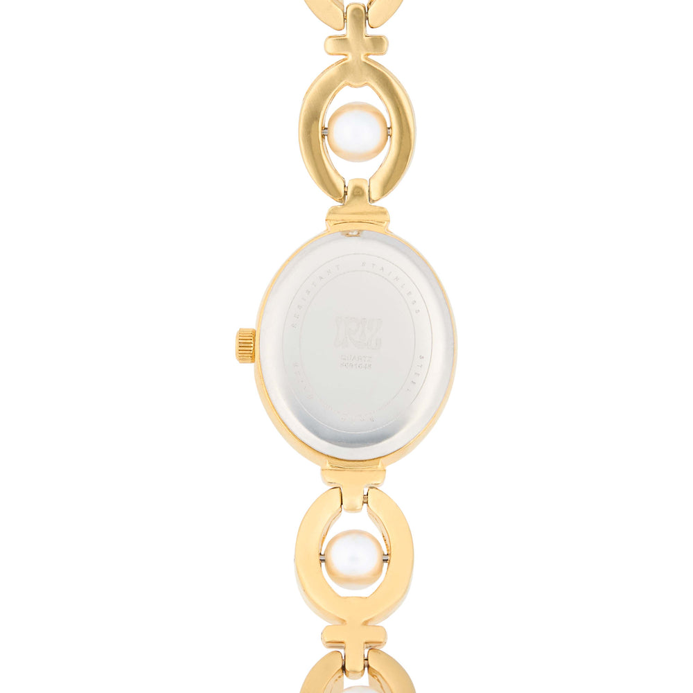 Back of gold watch with pearl stones in band