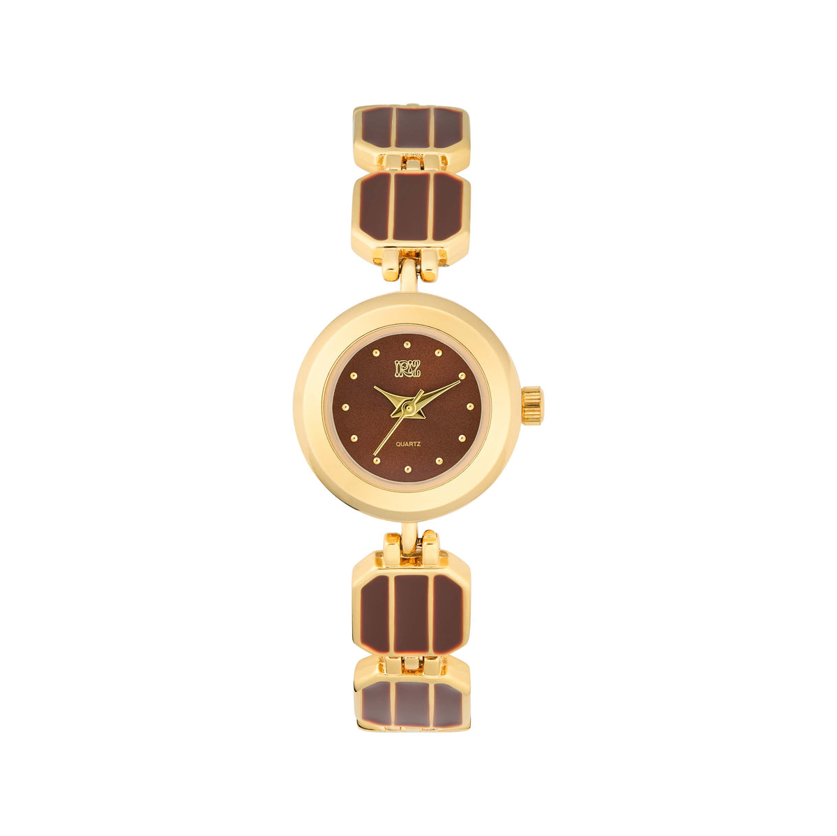 Gold and brown round watch with a brown and gold paneled band against a white background