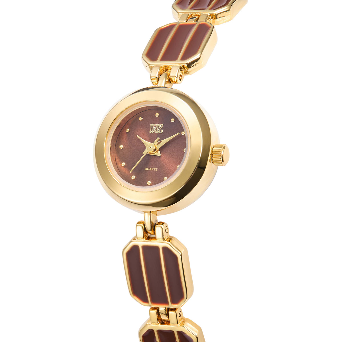 Gold watch with brown details on a white background