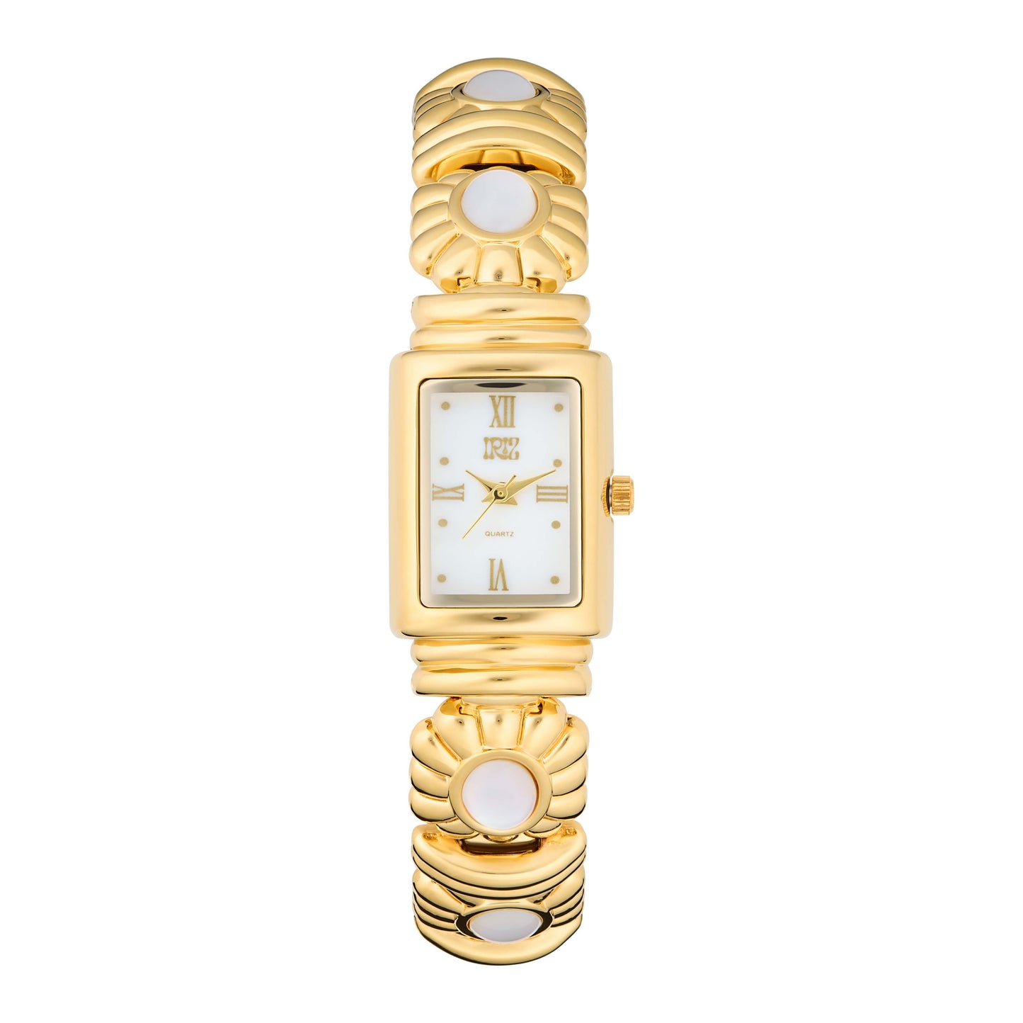 Gold wristwatch with a white face and white floral motif band against a white background