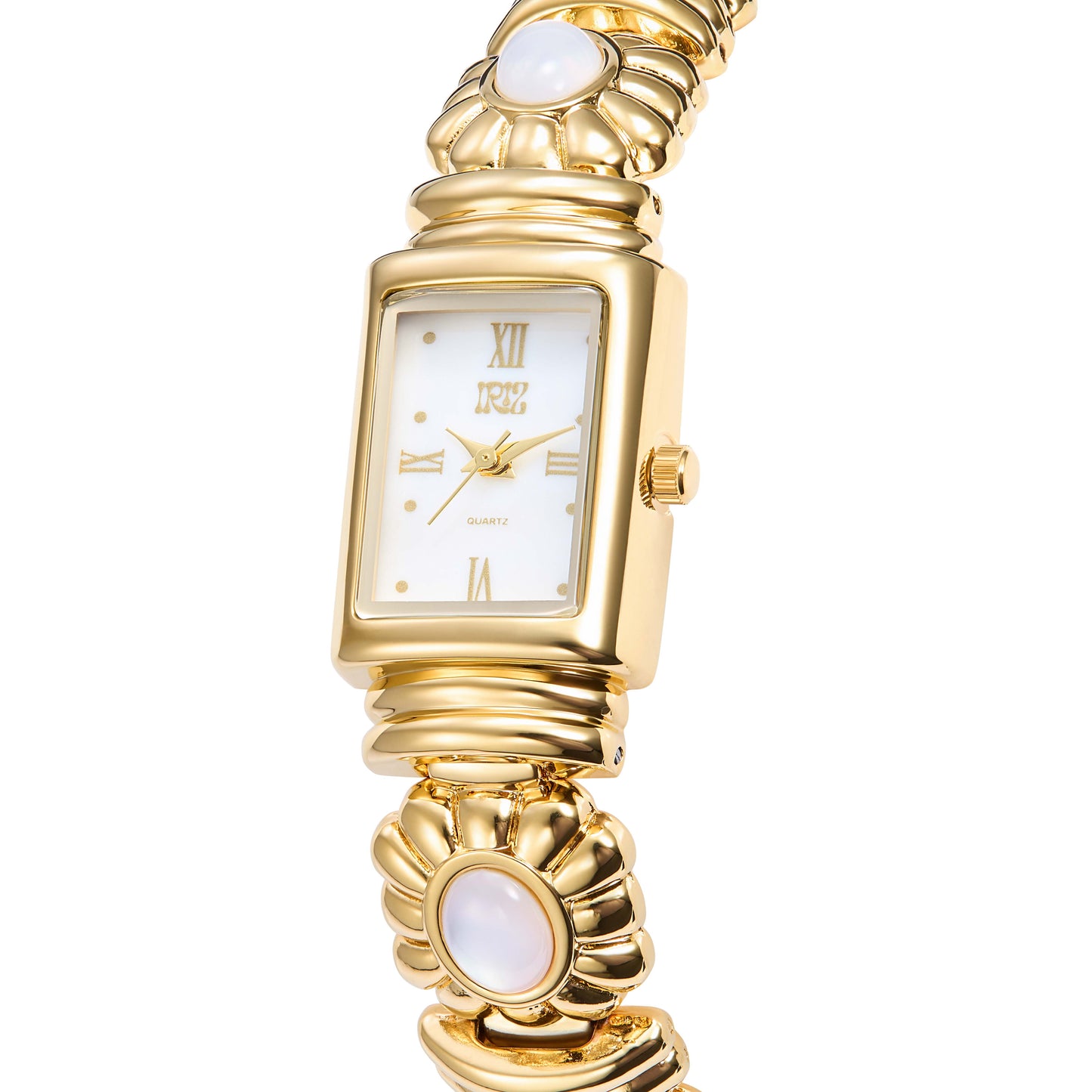 Gold wristwatch with a white face and white floral motif band against a white background