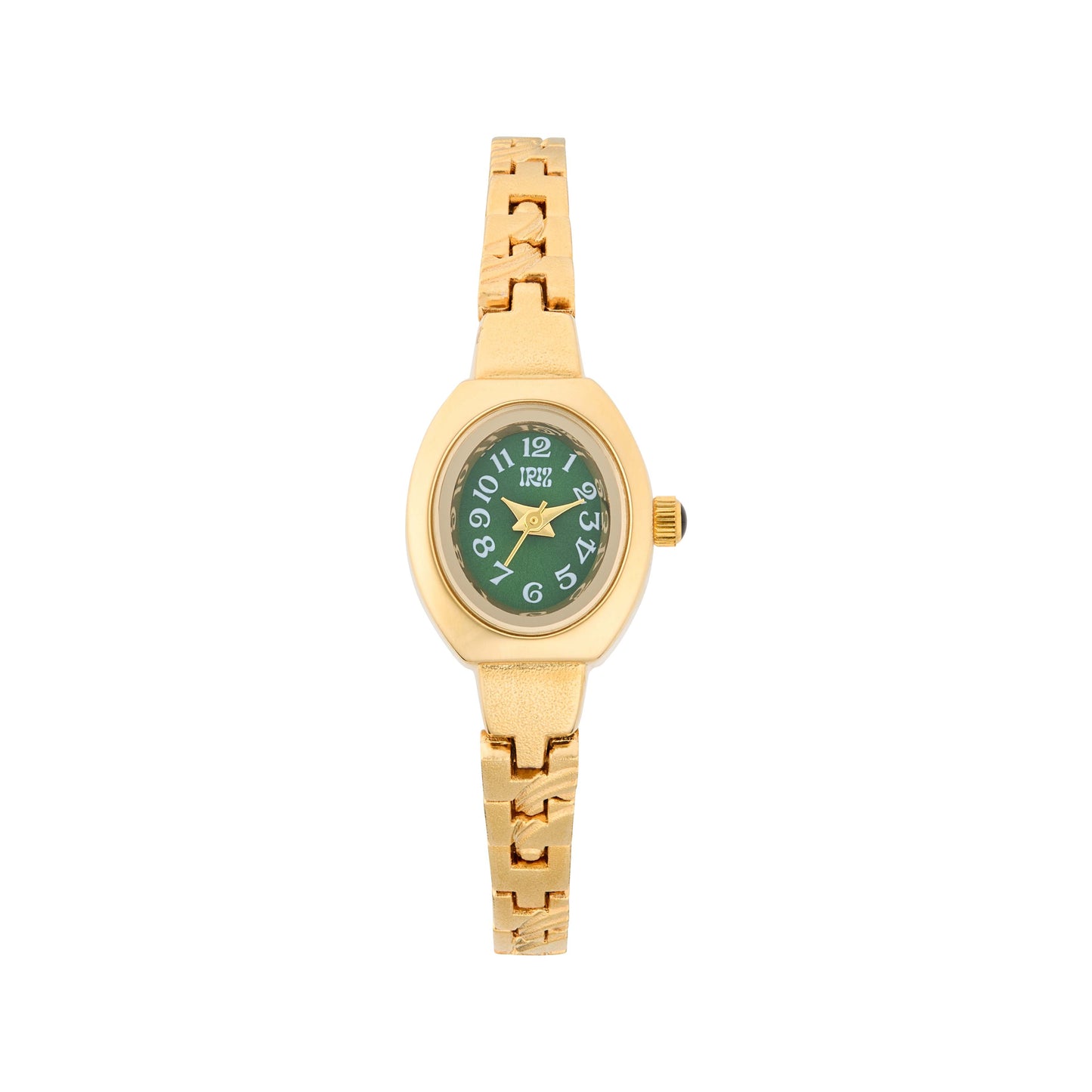 Gold watch with a green face and gold-brushstroke detail on the band against a white background