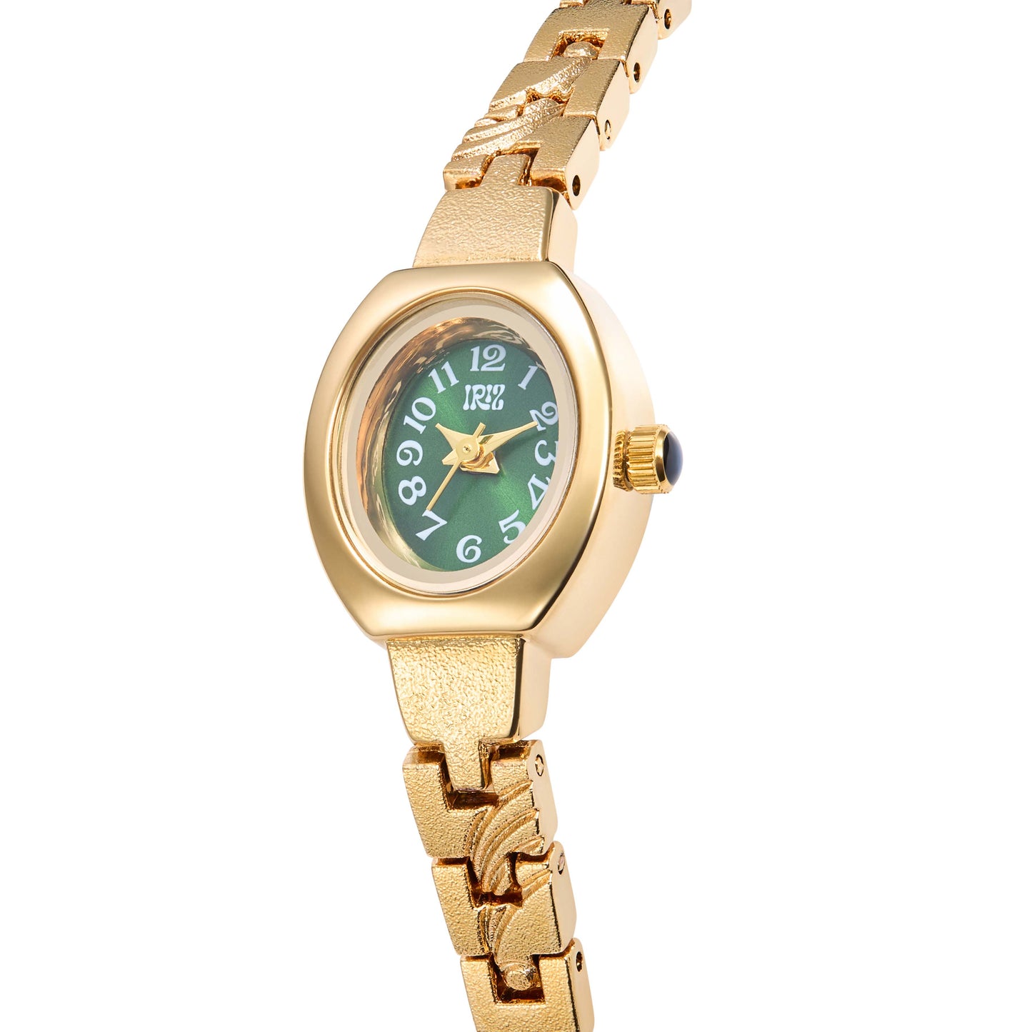 Closeup of gold wristwatch with a green face and gold brushstroke details on the bracelet against a white background