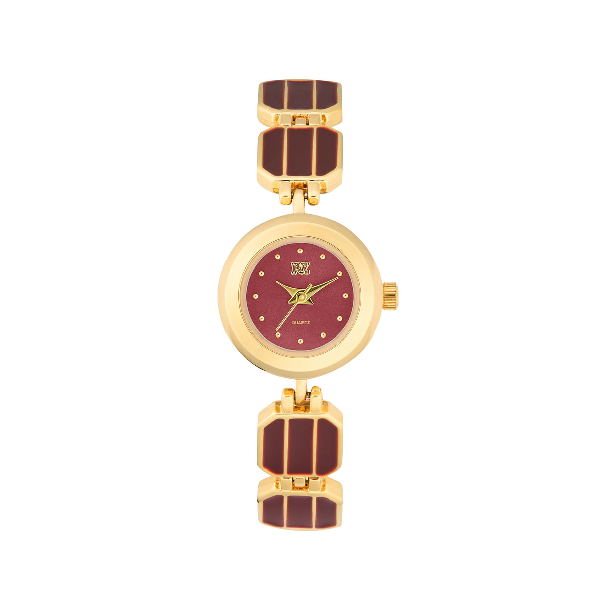 Round gold and red watch on a white background