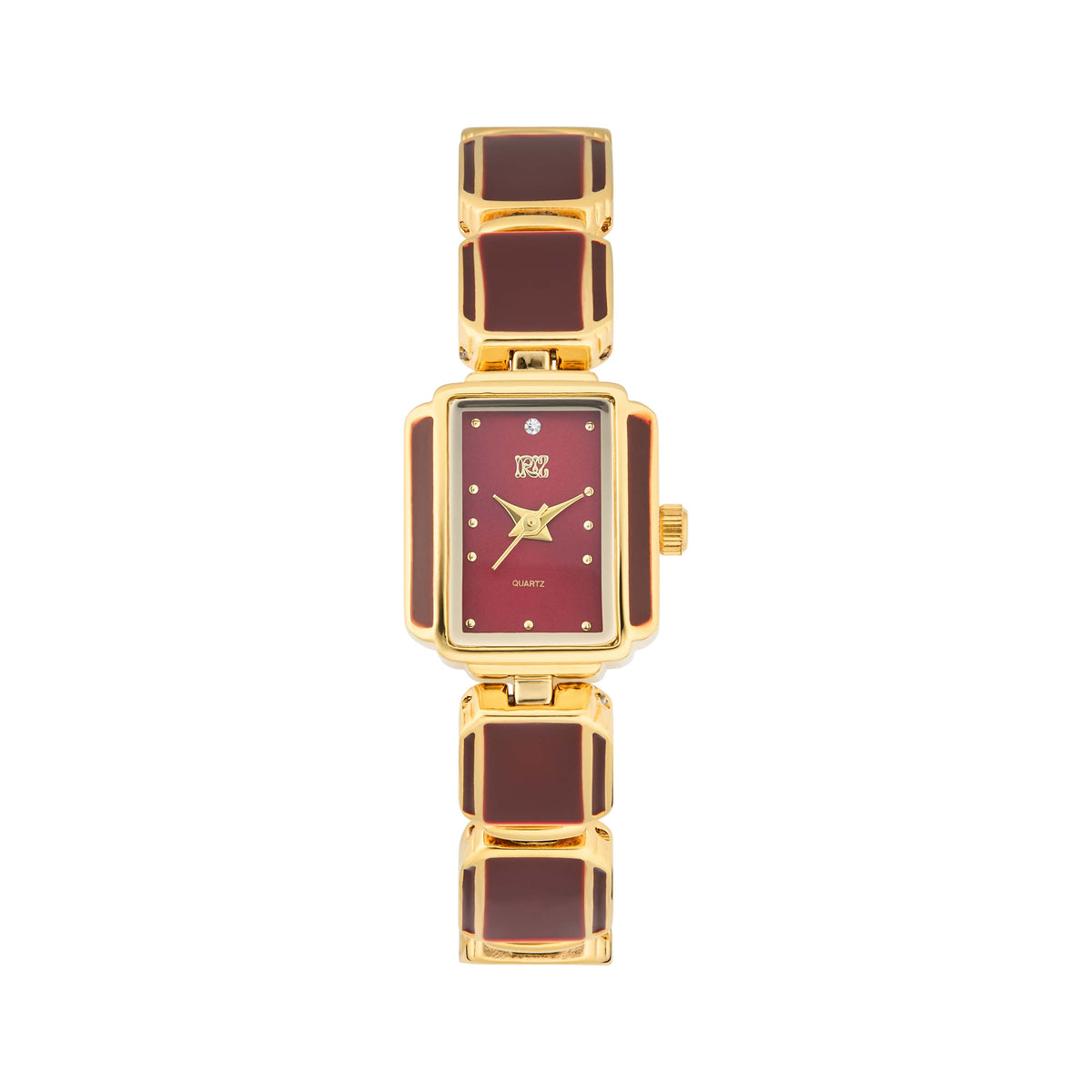 Gold watch with a red rectangular face on a white background