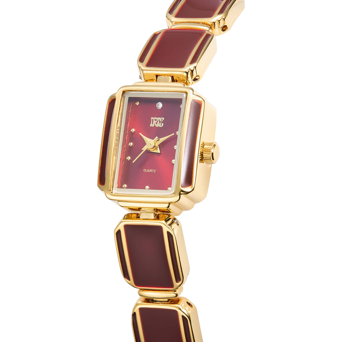 Gold and red rectangular watch on a white background