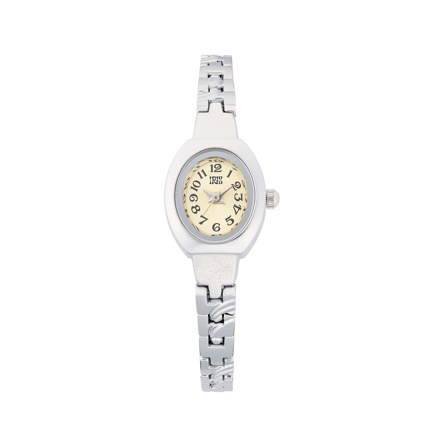 Silver watch with a golden glow face against a white background