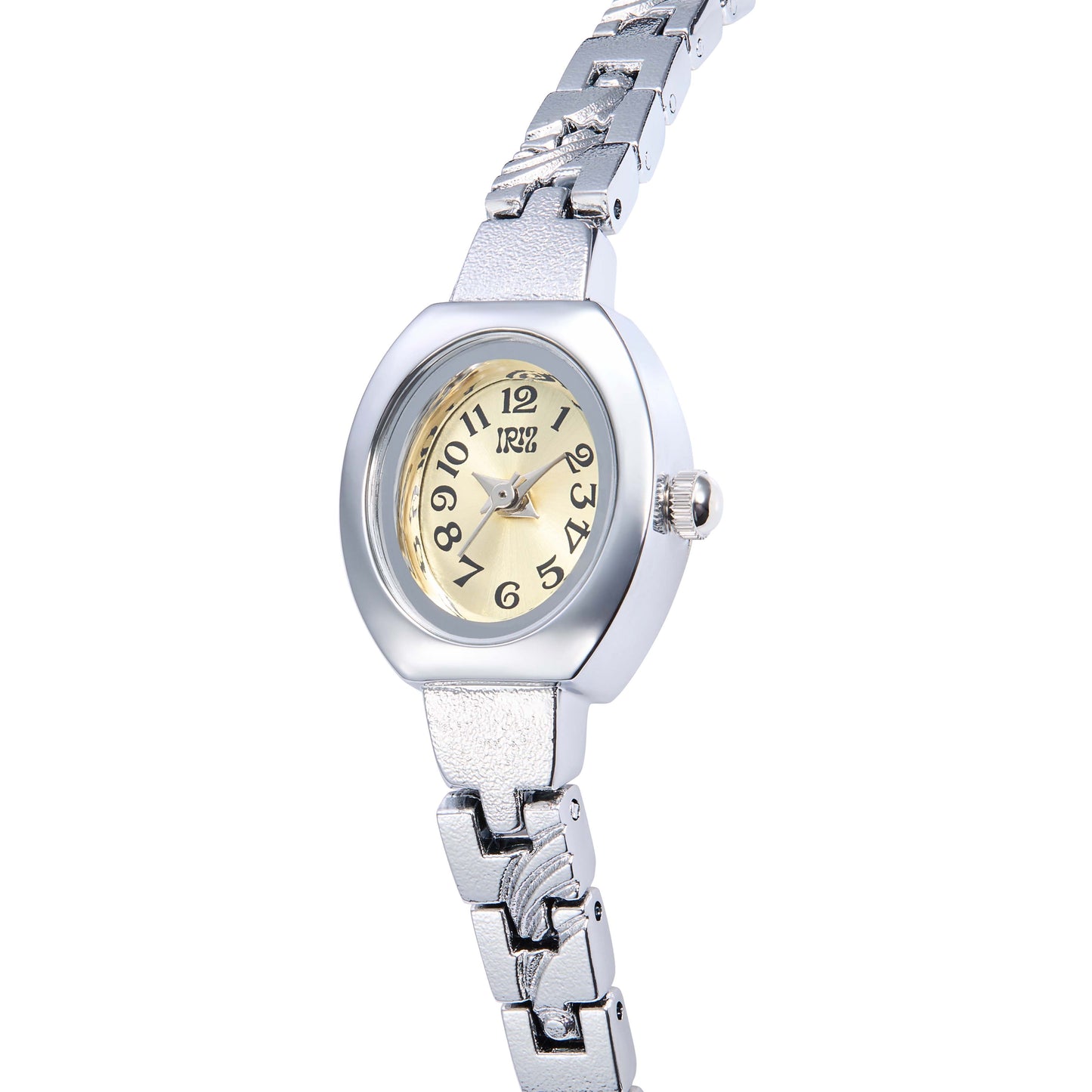 Silver watch with a golden glowy face on a white background