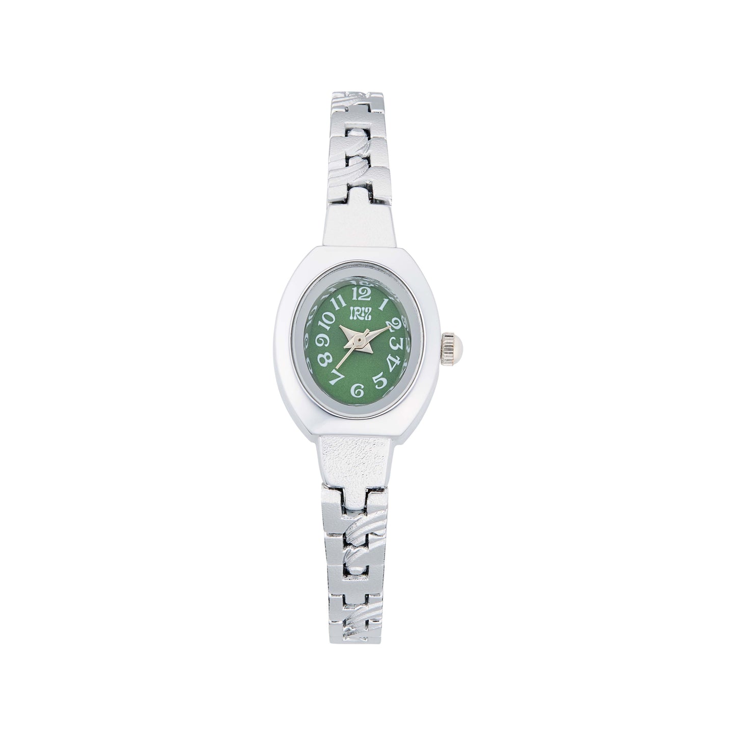 Silver watch with a green face and silver-brushed metal band against a white background