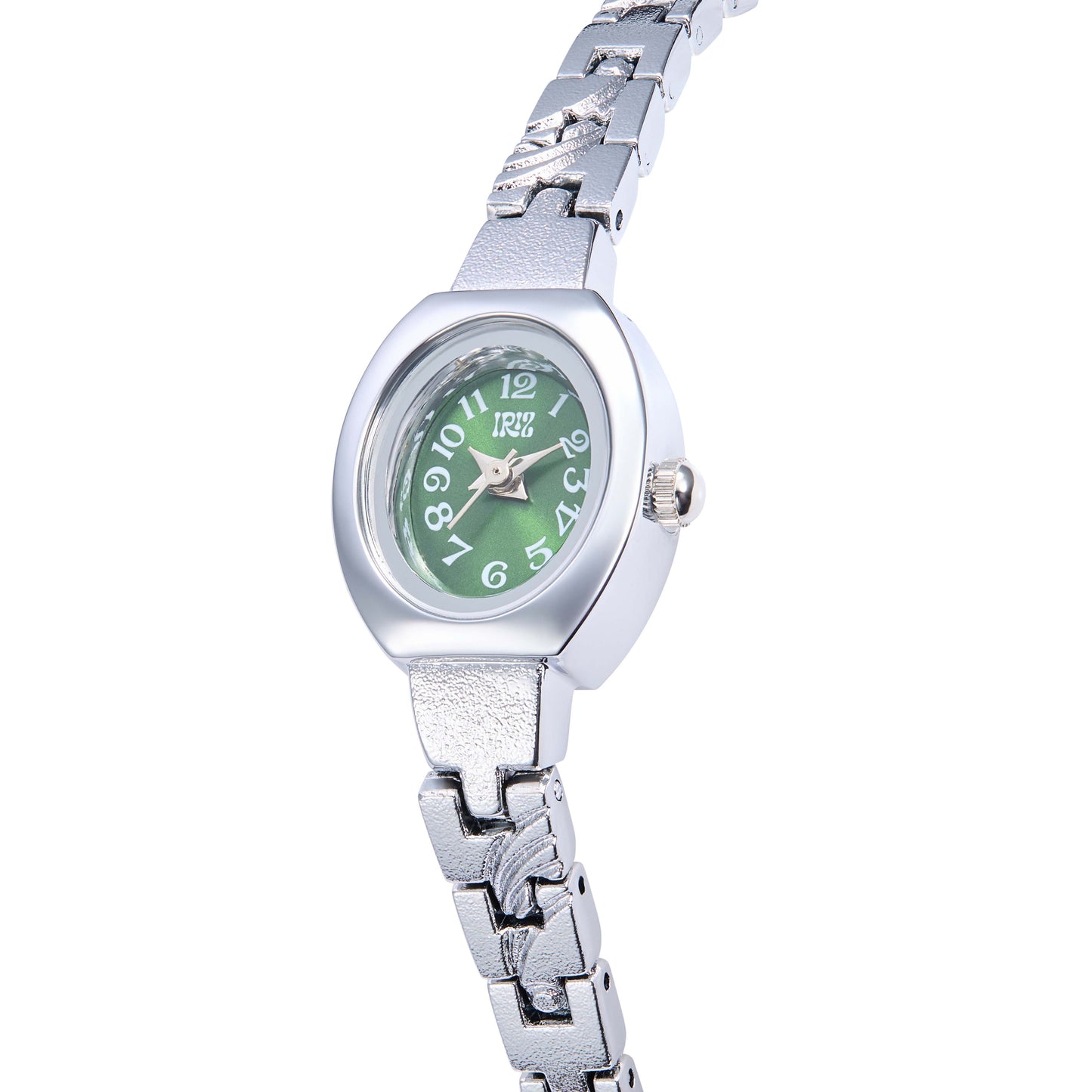 Silver watch with a green face on a white background