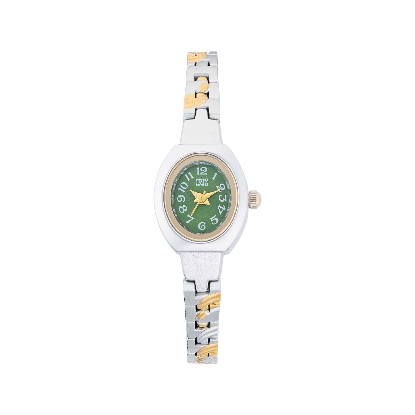 Wristwatch with an oval green face and  a silver band with gold brush accents against a white background