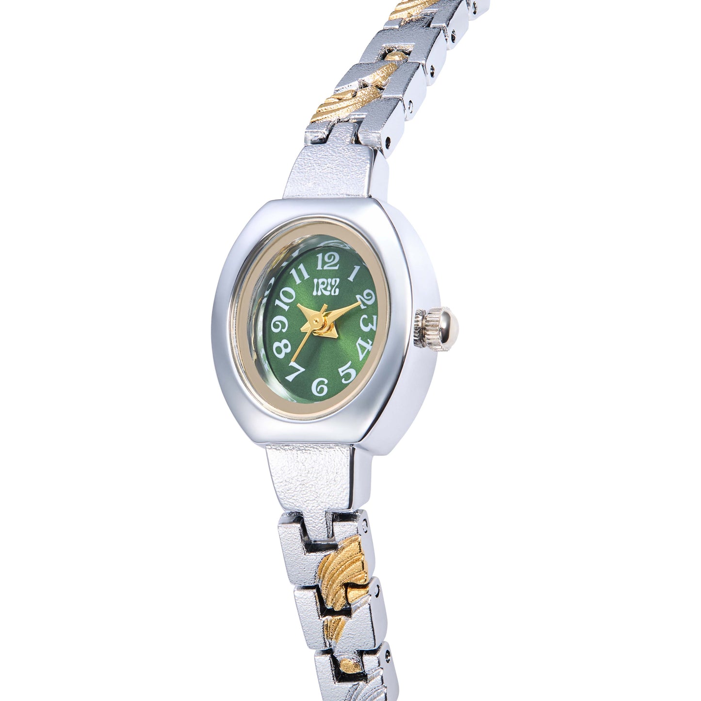 Two-tone watch with a green face and mixed metal band on a white background