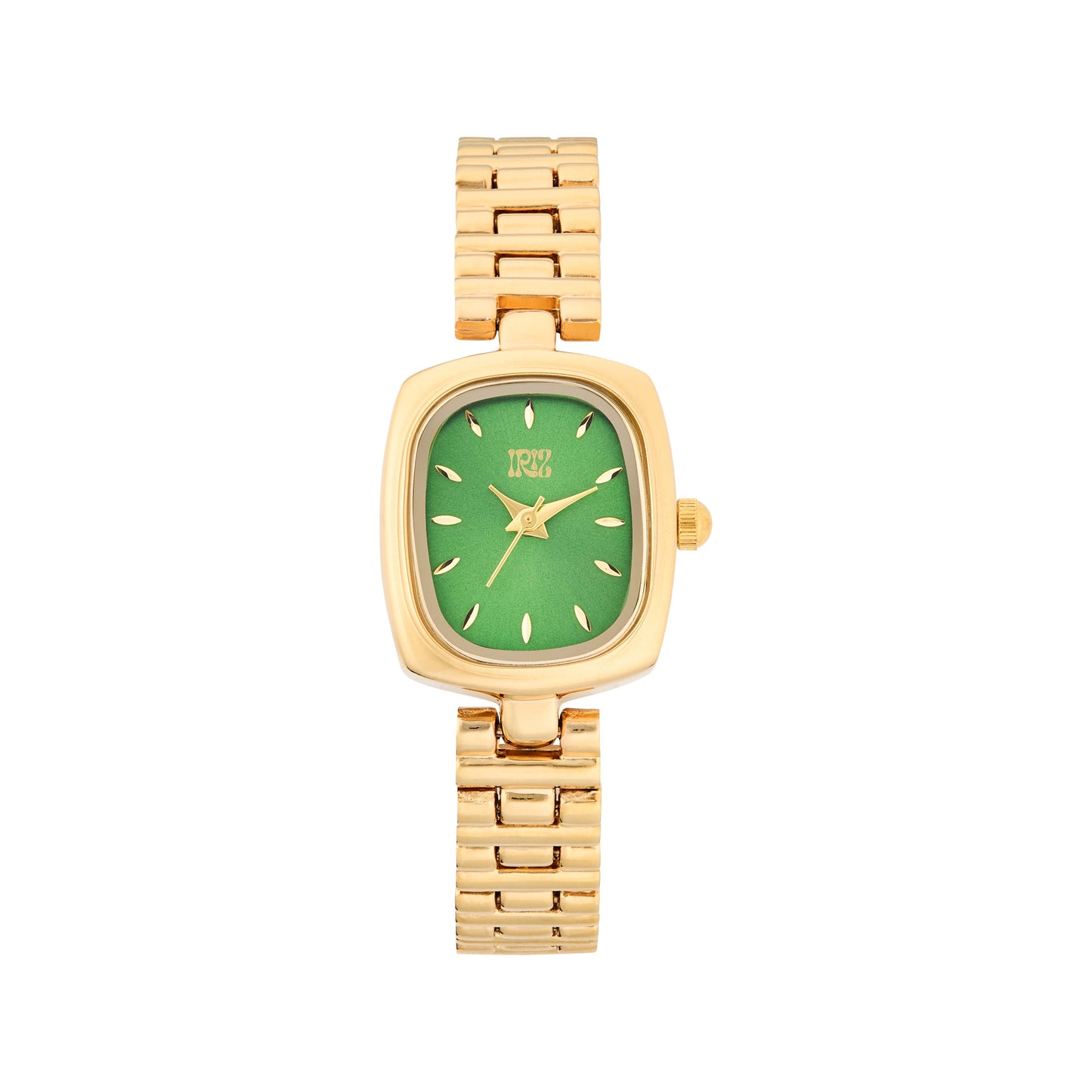 Gold watch with a green face and gold-tone metal band against a white background