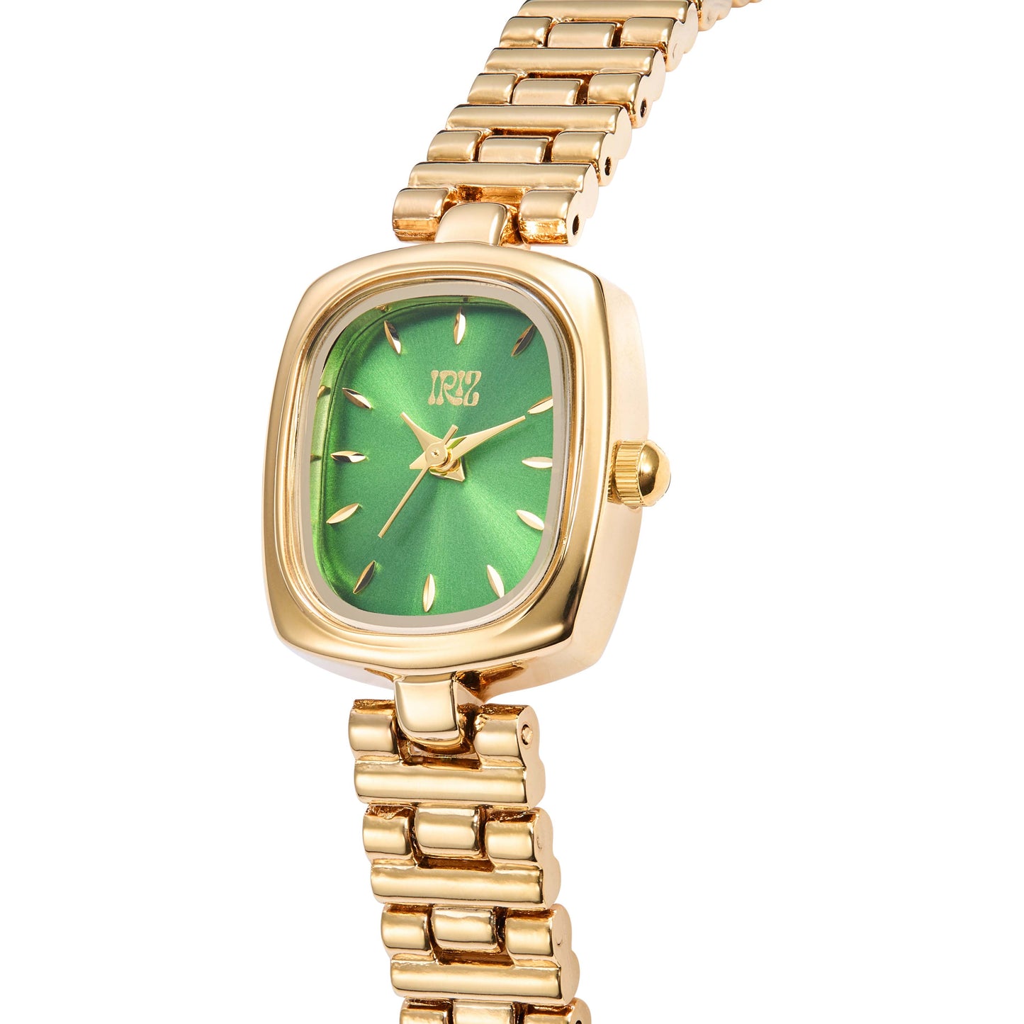 Closeup of gold watch with a green face on a white background