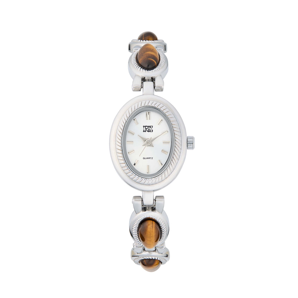 Silver watch with tiger's eye stones in band, on a white background