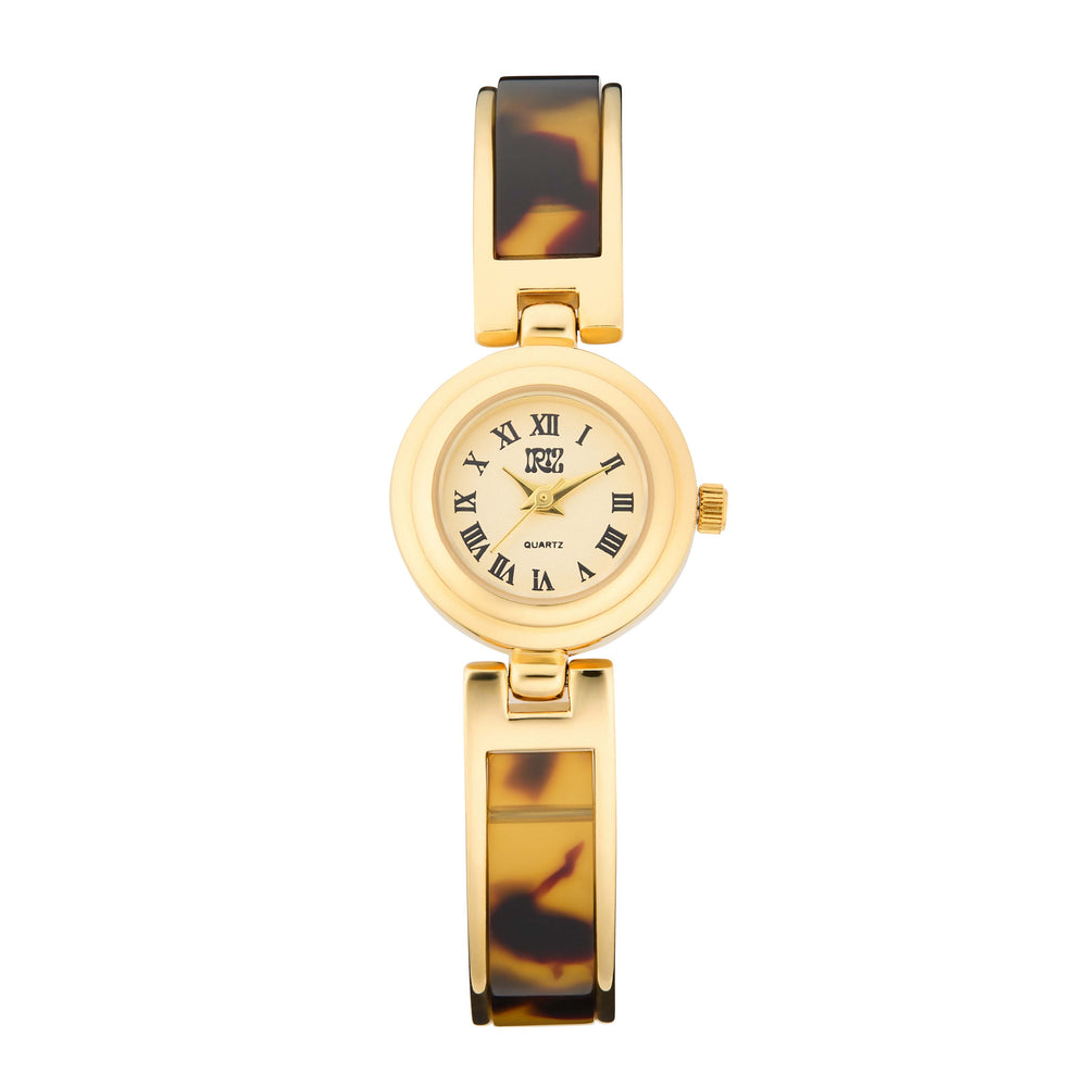 Round-faced Gold watch with tortoiseshell band on a white background