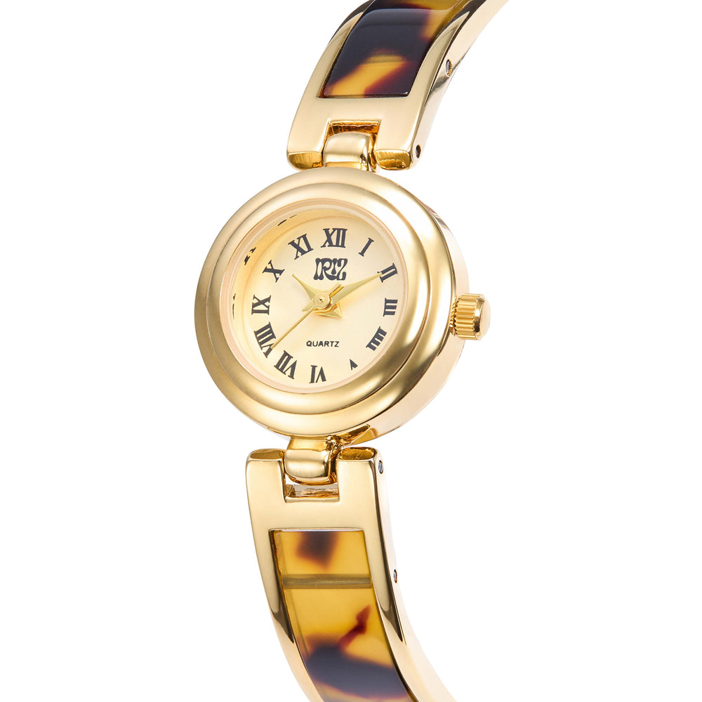 Gold watch with round face and tortoiseshell band on a white background