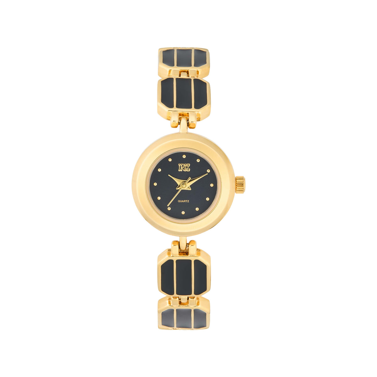 Gold and black round faced watch with panel elements on a white background