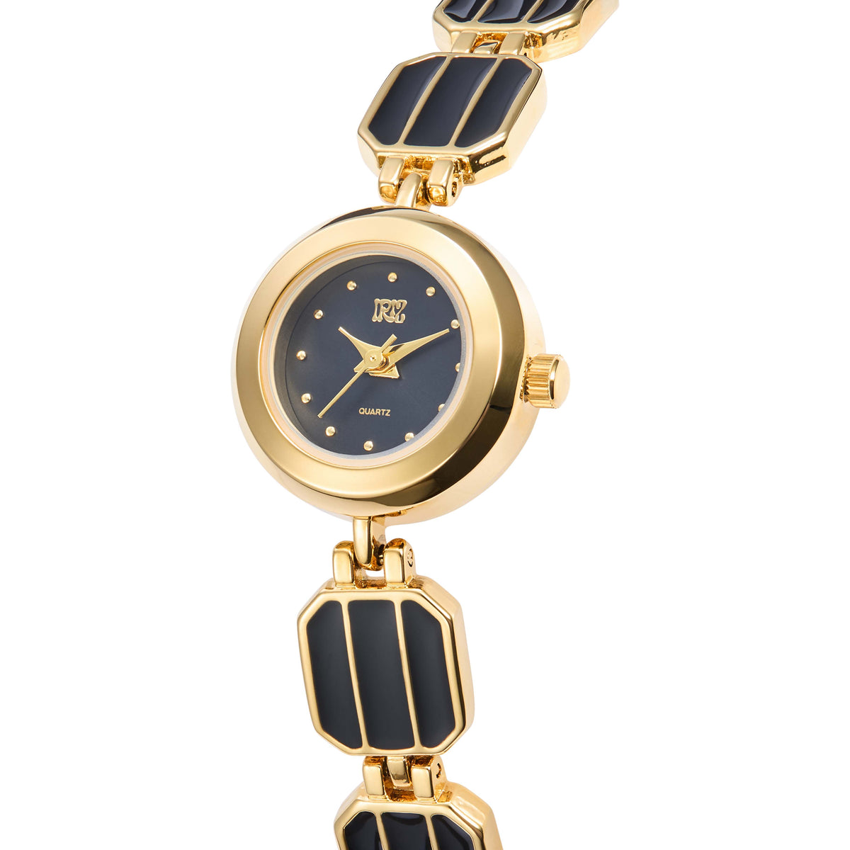 Gold and black watch with decorative band on a white background