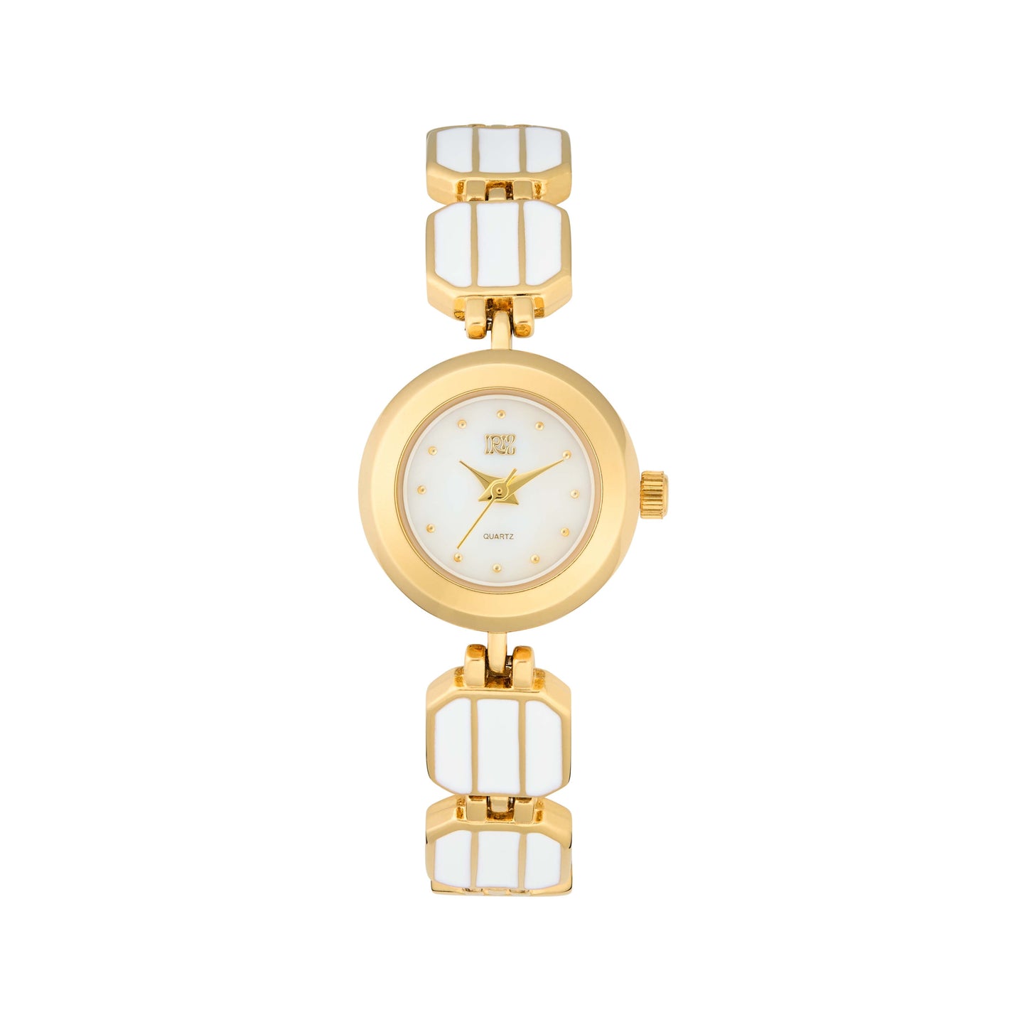 Gold and white circular watch with a white paneled band against a white background