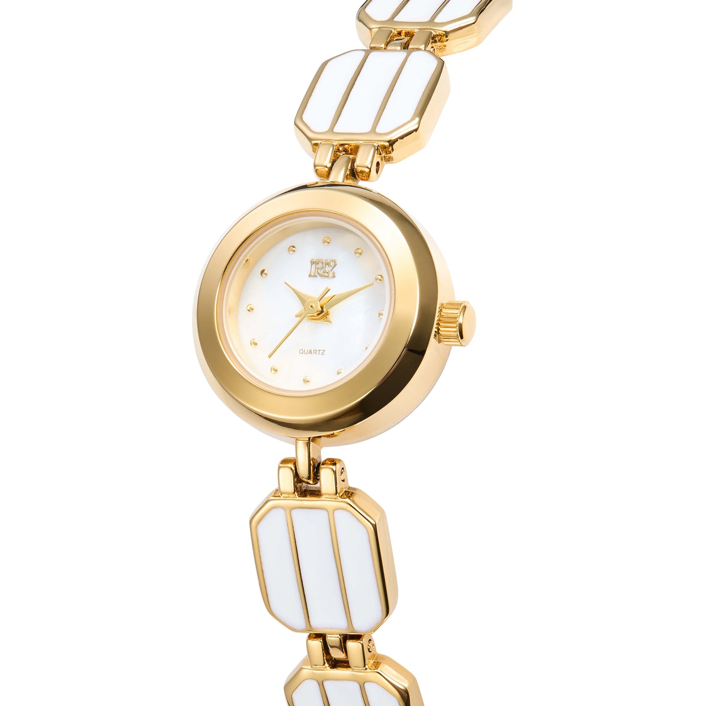 Gold watch with round white face and white paneled brand against a white background