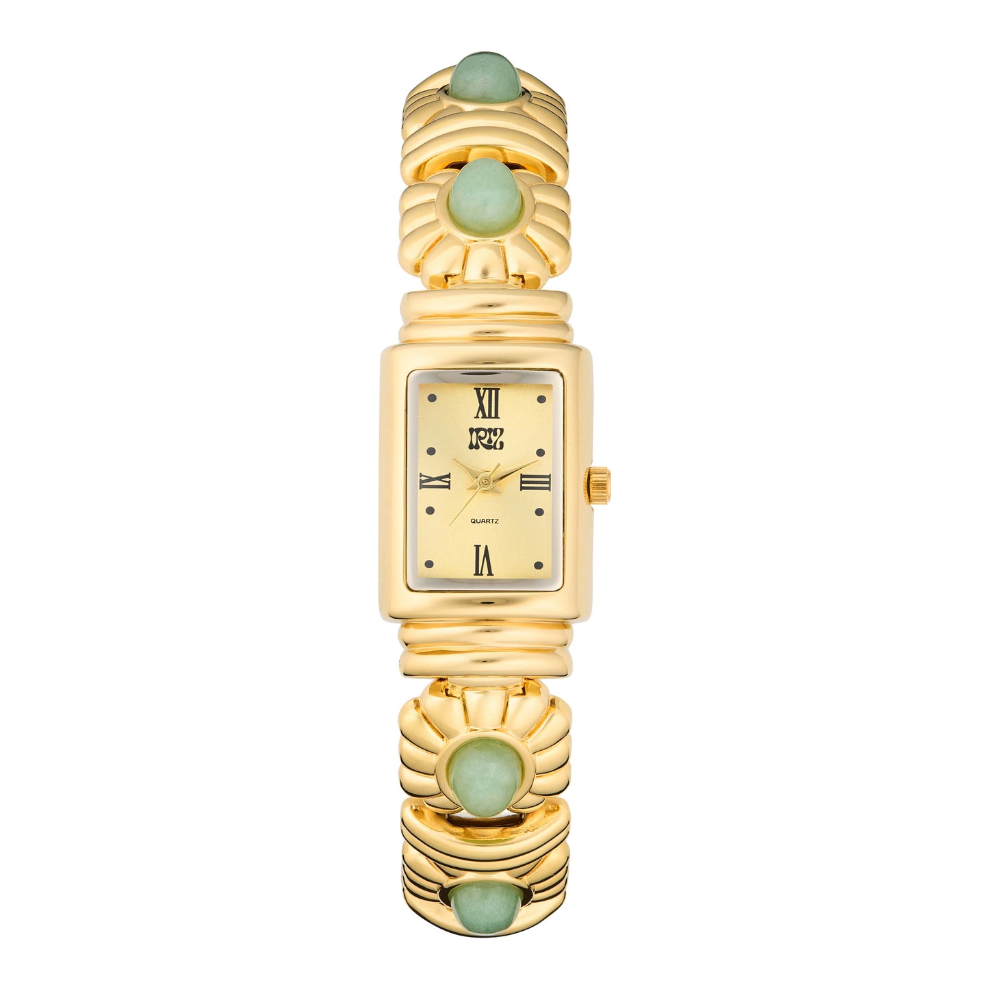 Gold rectangular watch with green gemstones and floral motif band on a white background