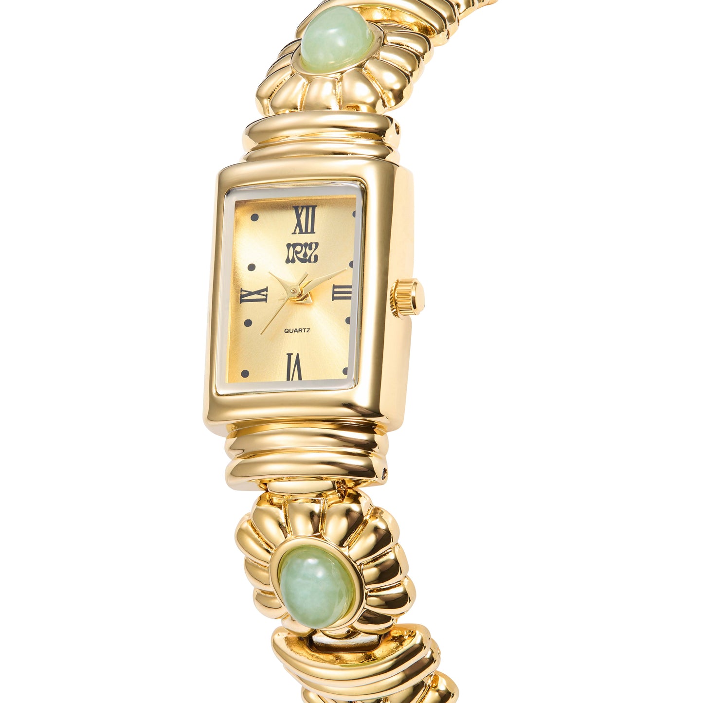 Gold wristwatch with a green gemstone band on a white background