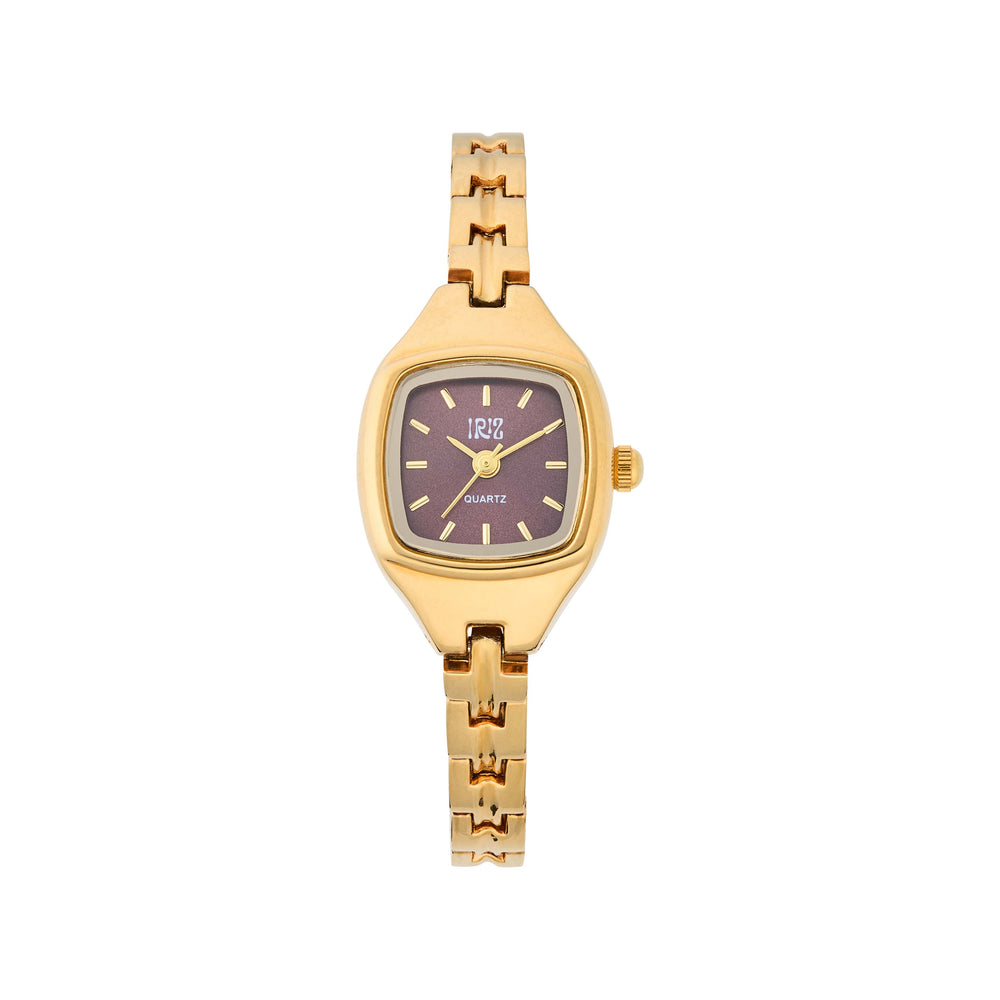 Gold watch with a burgundy face on a white background