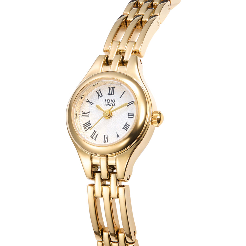 Gold wristwatch with a white dial and round face featuring Roman numerals on a white background